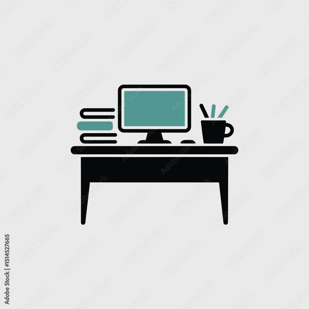 Poster computer and books on a desk with a mug isolated on white background, representing a modern and mini