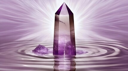 A tall purple crystal stands in rippling water with light effects
