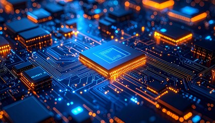 Obraz premium Complex circuit board with bright blue and orange glow lights in dark. For futuristic technology, data, server, and advanced computing concepts.