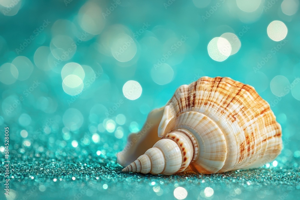 Poster seashell pendant resting on a sparkling teal surface reflecting light in a serene setting, seashell 