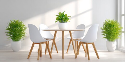 Fototapeta premium A minimalist meeting space with white walls, one table, and four chairs