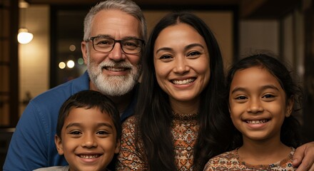 Fototapeta premium Happy Family Portrait: A Cherished Moment of Togetherness Captured in a Warm and Intimate Setting