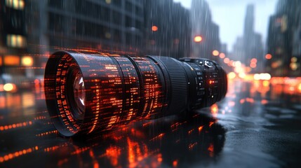 Futuristic camera lens in rain-slicked city