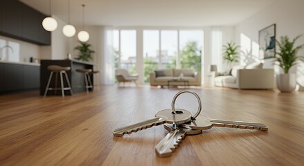 New Home Keys on Hardwood Floor Modern Apartment Living Room Interior Design