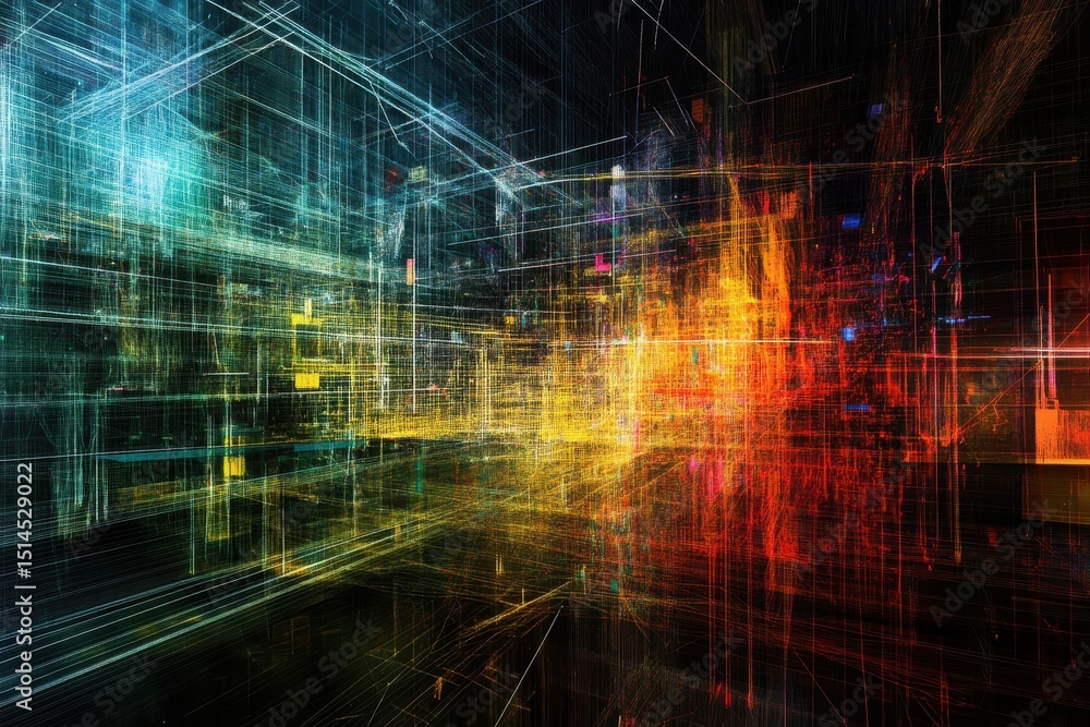Poster Vivid abstract wireframe lines create an immersive digital landscape with dynamic colors and intricate patterns, Abstract wireframe / lines