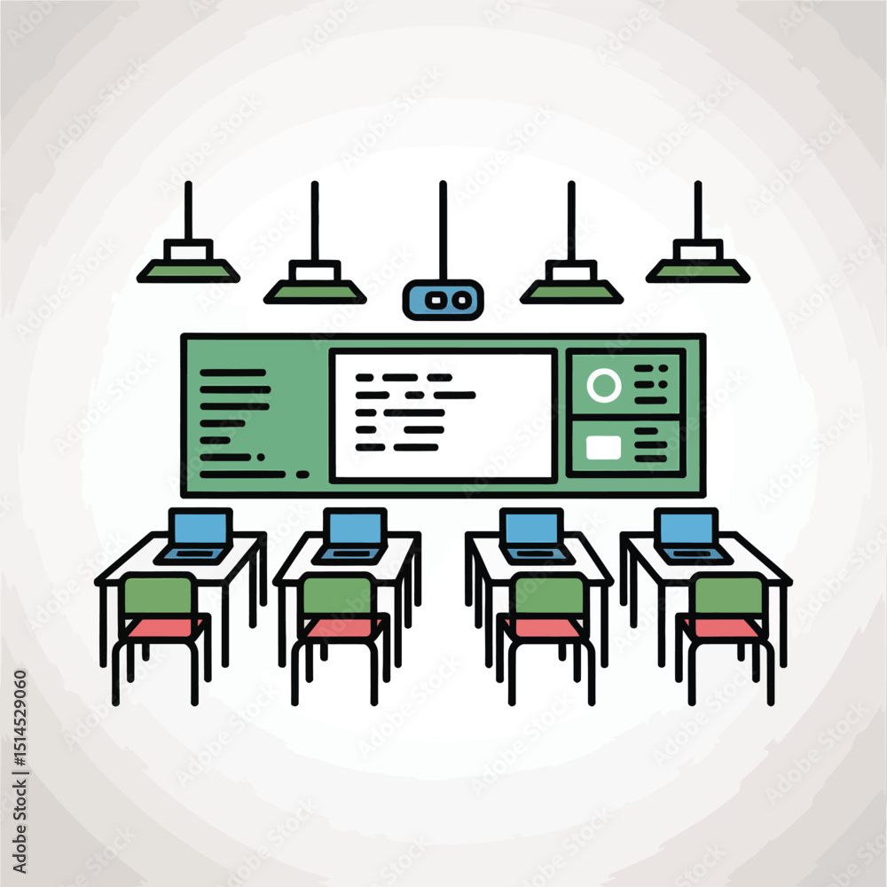 Poster classroom with computers and desks isolated on white background, featuring a modern and minimalist d