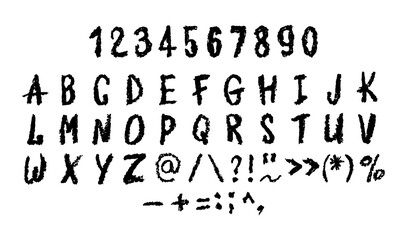 English alphabet and numbers 0-9, hand-drawn in a white wax crayon or chalk style on a board. Highlighter effect, perfect for kindergarten drawing, learning, and creative design. Vector illustration