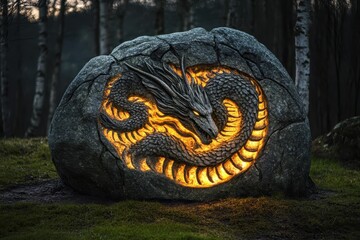 Norse dragon stone carving illuminated by fire in a forest setting at dusk, Norse Dragon Stone Carving Illuminated With Fire