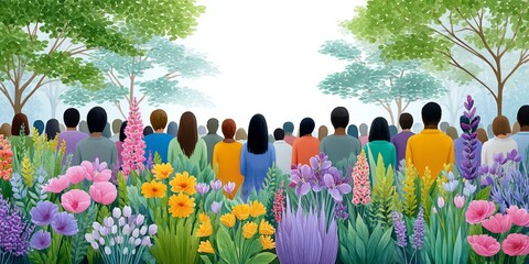 Watercolor painting of coworkers gathered with flowers and a farewell cake