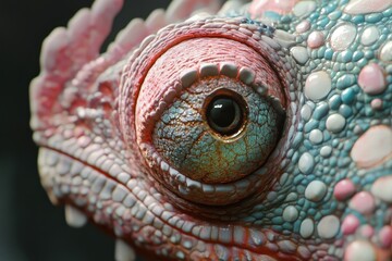 Naklejka premium Closeup of a chameleon's moving eye showcasing detailed textures and vibrant colors in a natural habitat, Chameleon moving eye close-up