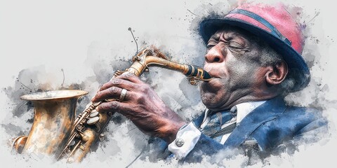 Vibrant Watercolor Illustration of an African American Man Playing the Saxophone