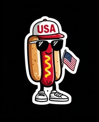 Cute 4th of July Hot Dog Cartoon Character Wearing Sunglasses and USA Hat