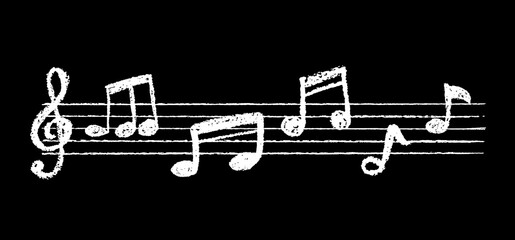 Charcoal white scribble music notation on black blackboard. Handwritten pop design with notes and clean lines. Cute childish music school or kindergarten white pastel or wax pencil signs
