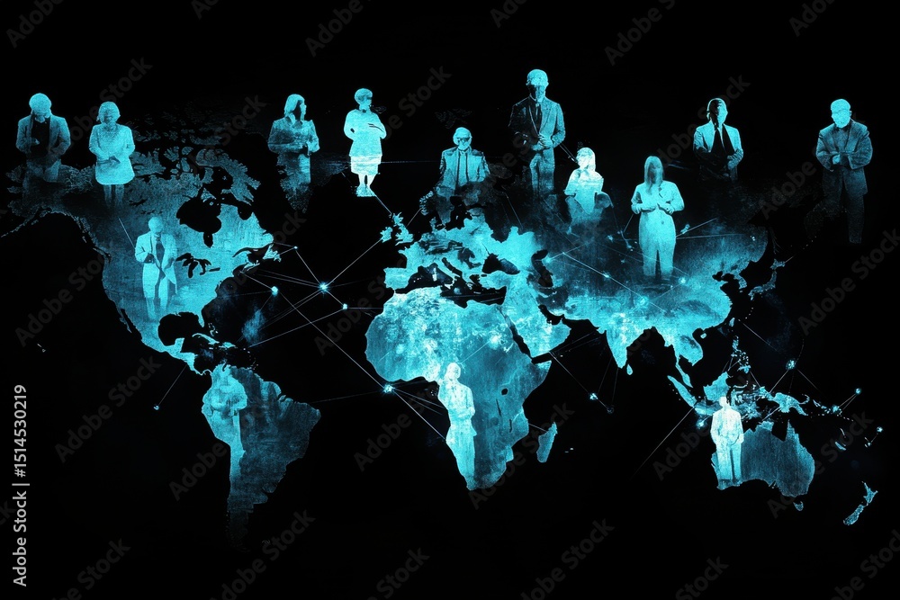 Poster global network of connections with diverse people icons represented over a digital map, network of c
