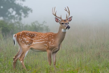 Obraz premium Majestic deer grazing in a foggy meadow at dawn with lush greenery surrounding, Vertical Video Deer in Foggy Meadow Scenic