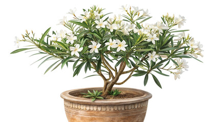 Blooming Nerium Oleander With White Flowers in Terracotta Pot Isolated on Transparent Background for Garden and Floral Design Use