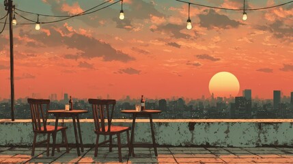 Serene Sunset View from Rooftop Bar with Tables and Chairs Overlooking Cityscape