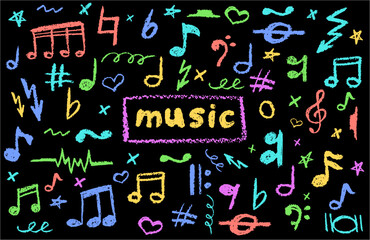Vector illustration of colorful music notes in charcoal scribble style. Handwritten pop sketch elements on black for edgy, artistic designs. Cute childish music school pastel or wax pencil signs