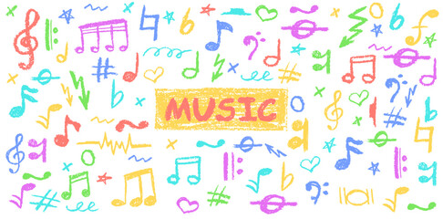 Colorful music notes in charcoal scribble style. Handwritten pop sketch elements on white for edgy, school designs. Cute childish music kindergarten pastel or wax pencil signs. Vector illustration