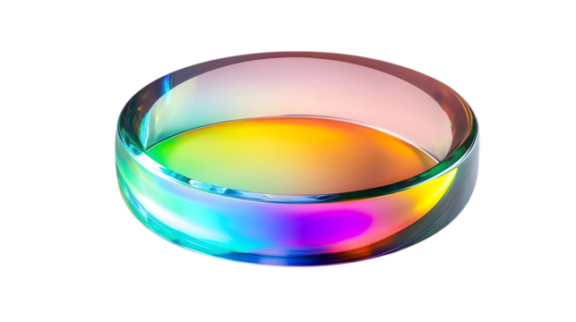 Transparent glass bowl with holographic effect isolated on black background abstract rendering