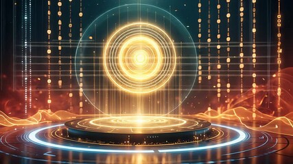 Glowing golden digital sphere hovering above futuristic circular platform with dynamic light trails and vertical code-like particle streams

 - Powered by Adobe