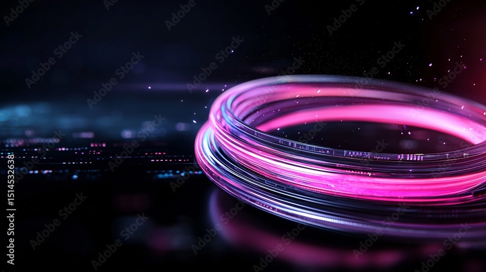 Poster abstract pink and purple data loop visual with glowing circles on dark background