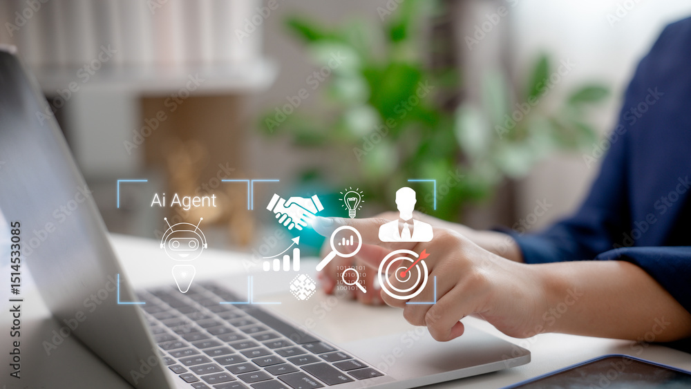 Poster ai agent icons on virtual interface with business analytics, automation, and chatbot support, repres