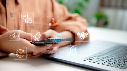 AI agent system performing tasks automatically, making intelligent decisions and interacting via digital interface, enhancing business performance and communication flow.