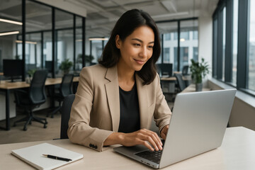 Woman at table typing on laptop.