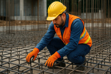 Construction worker welding on steel grid.
