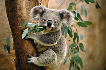 Fototapeta premium Koala bear climbs tree branch to munch on fresh eucalyptus leaves in a natural habitat, Koala Bear climbs on tree branch and eats eucalyptus leaves