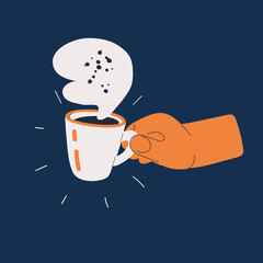 Cartoon vector illustration of a hand holding a hot coffee cup, representing comfort, energy, and daily routine