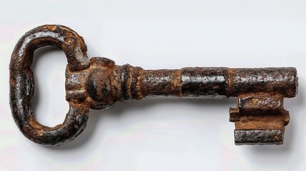 A close-up of an antique iron key reveals its aged texture and timeless design on a white background.
