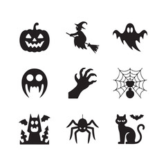 set of nine Halloween icons features spooky symbols in a simple black silhouette style.