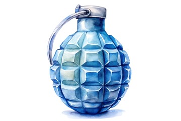 Blue watercolor grenade isolated on white background, a vintage military weapon for war, army, danger, and combat, hand painted artistic drawing and sketch