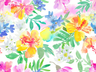 PNG Seamless pattern of abstract pink and yellow hibiscus flowers, tropical foliage, and monstera leaves painted in watercolor. Hand painted tropical floral and rainbow wallpaper in watercolor.