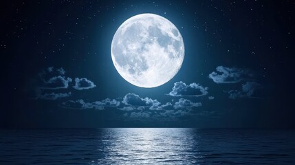Majestic Full Moon over Calm Ocean at Night with Starry Sky A breathtaking night scene