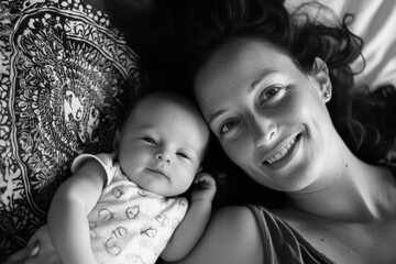 Mom enjoys peaceful moment with her newborn baby, sharing smiles and love in cozy setting, happy mom lying with her newborn baby