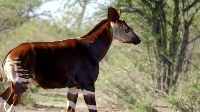 Okapi standing in a savanna environment with trees and bushes