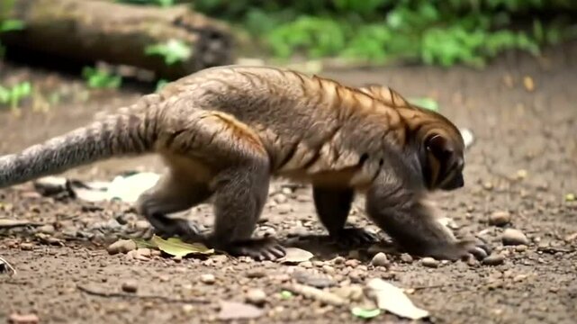 Olingo walking on the ground in a forest environment, Costa Rica