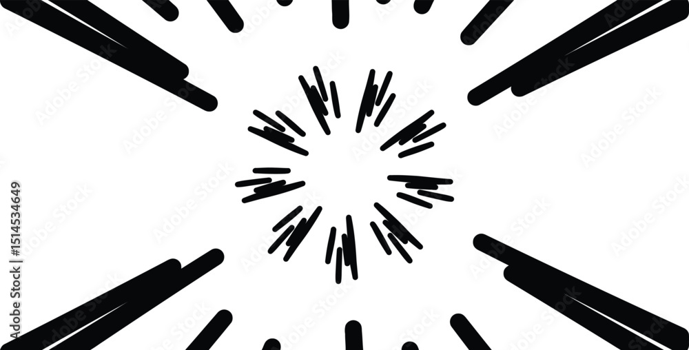 Poster abstract black and white radial burst design with thick lines creating a dynamic visual effect