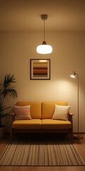 Cozy Living Room Interior Design with Yellow Sofa and Warm Lighting