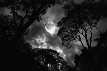 Naklejka premium Bright full moon illuminates treetops on a stormy night, Moon Above Tree Tops On Stormy Night