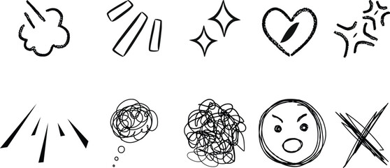 A collection of hand-drawn doodles depicting various emotions and abstract concepts