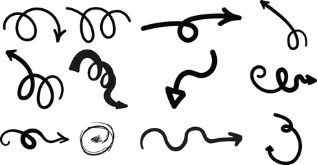 A collection of hand-drawn arrows with various styles and directions, showcasing diverse curves and swirls for creative design elements.