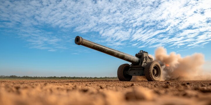 Powerful Military Howitzer Artillery Cannon Firing in Action Under a Blue Sky