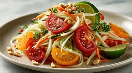 Vibrant Som Tum Thai salad mixes shredded green papaya, tomatoes, carrots, peanuts, lime, and chilies on a neutral plate.
