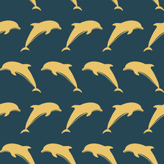 Seamless pattern with golden yellow dolphins swimming on deep navy blue background. Cheerful and marine-themed design for textiles and backgrounds. Vector marine cute baby seamless pattern.