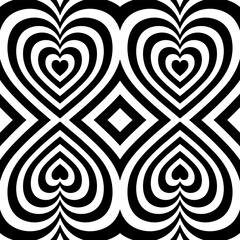 Heart Tunnel seamless pattern. Black white contrast wallpaper, love theme, romantic print. Valentines Day abstract background. Hypnotic heart, love optical illusion. Black white heart tunnel.