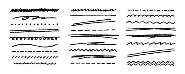 Obraz premium Scribble black crayon lines vector set. Chalk underline lines. Charcoal texture lines set isolated on white background. Grunge different chalk strokes, crayon drawing dividers. Black horizontal lines.